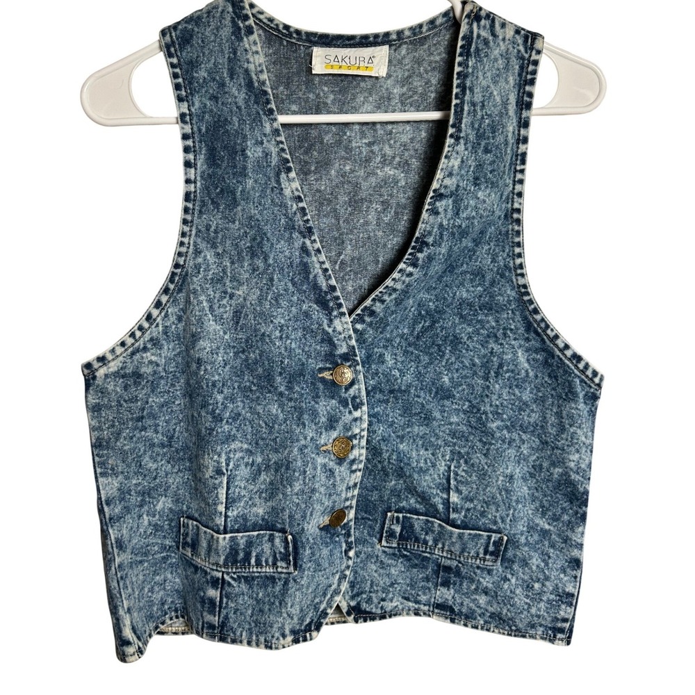 Vintage Acid Wash Denim Vest Blue Button Front Tank Top Retro Grunge Indie Boho